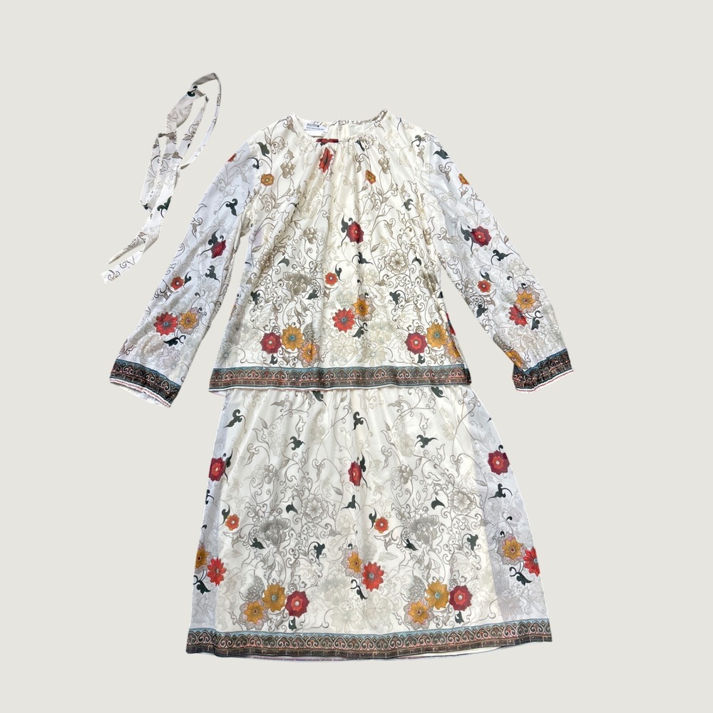 Ward Vintage Dress 12 Cream Floral Long Sleeve Cottagecore Retro 70s Neck Tie